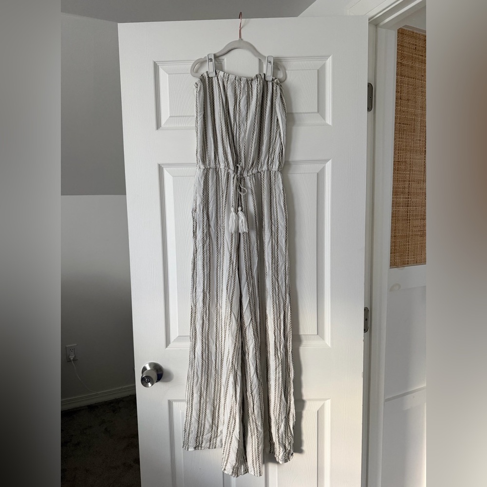 Vici Gray and White Striped Jumpsuit